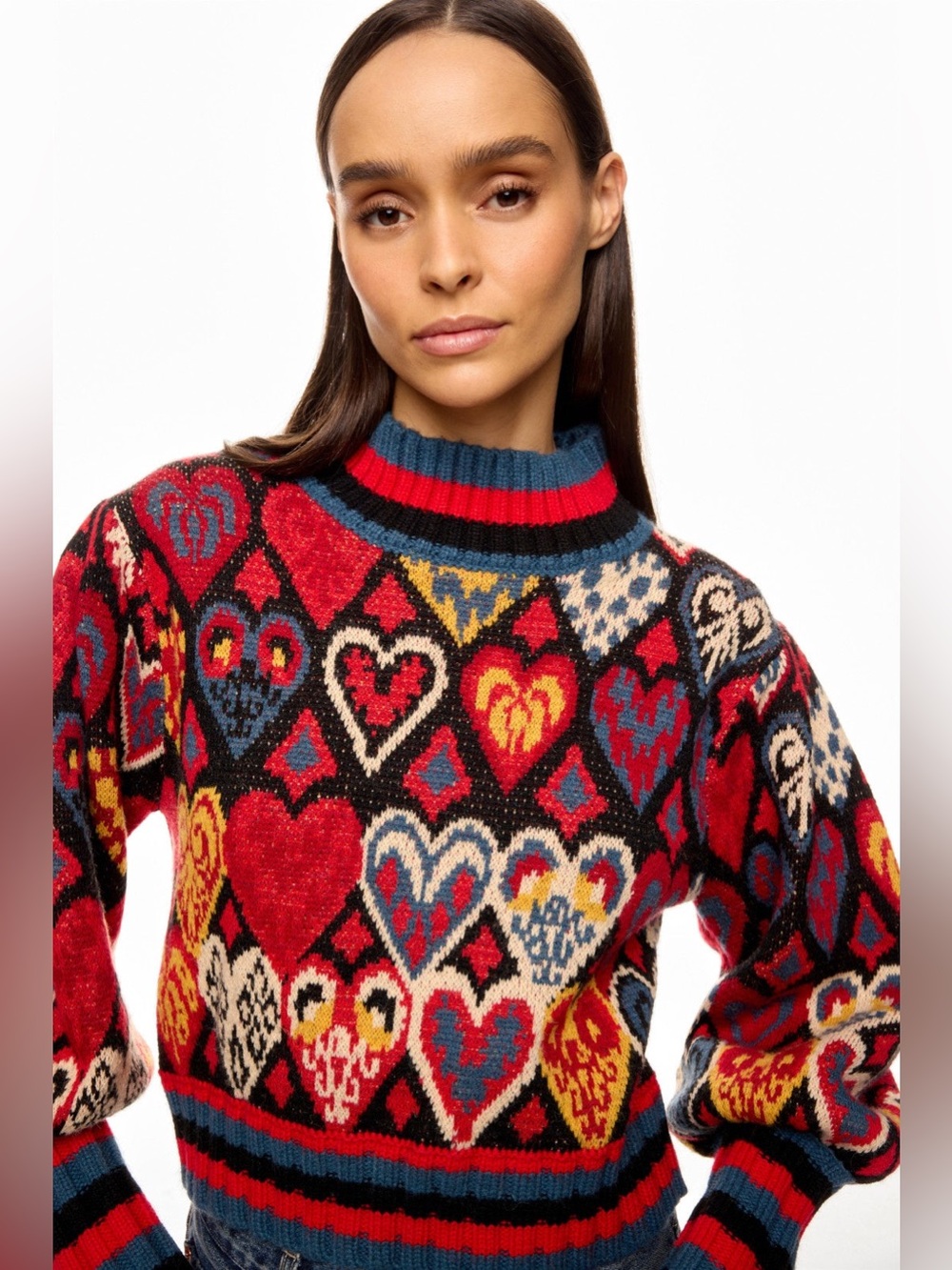 FARM Rio Hearts Ikat Knit Sweater L Puff Sleeve Whimsical Dopamine Boho